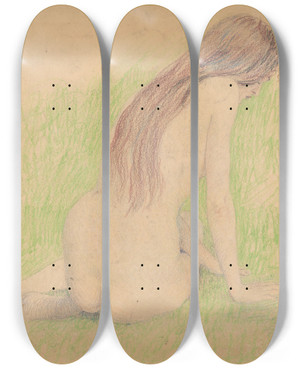 Triptych art skateboard deck of Ivan Abota Nude In A Meadow by Ivan Zabota