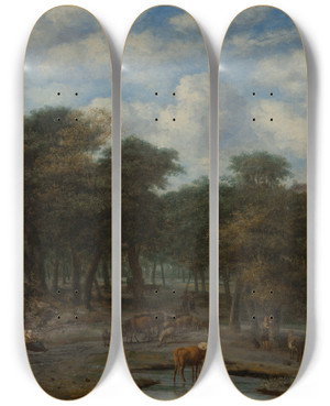 Triptych art skateboard deck of Philips Koninck Forest Clearing With Cattle by Philips Koninck (1619-1688)
