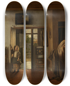 Triptych art skateboard deck of Pieter De Hooch In The Bedroom by Pieter De Hooch (1629-1684)