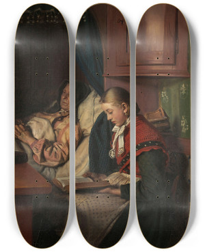 Triptych art skateboard deck of Michael Ancher By Grandmothers Sickbed by Michael Ancher (1849-1927)