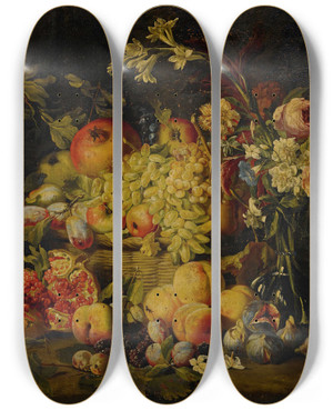 Triptych art skateboard deck of Abraham Brueghel Still Life Of Flowers And Fruits Including Pomegranates Peaches And Grapes by Abraham Brueghel (1631-1697)