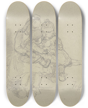 Triptych art skateboard deck of Jacob Happ Drei Kinder In Schwlmer Tracht by Jacob Happ (1861-1936)