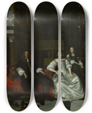 Triptych art skateboard deck of Pieter De Hooch The Jacotthoppesack Family by Pieter De Hooch (1629-1684)