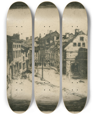 Triptych art skateboard deck of David Young Cameron Old La Roche by David Young Cameron (1865-1945)