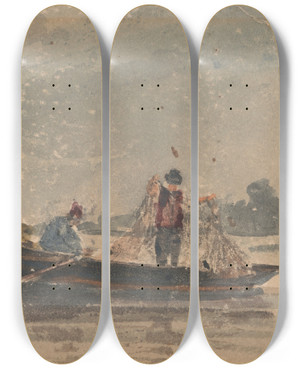 Triptych art skateboard deck of David Cox Fishermen Drawing A Net by David Cox (1783-1859)
