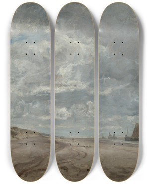 Triptych art skateboard deck of Gustav Schnleber Strand Von Scheveningen by Gustav Schonleber (1851-1917)
