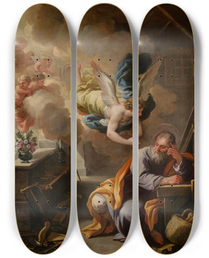Triptych art skateboard deck of Luca Giordano The Dream Of St Joseph by Luca Giordano (1634-1705)