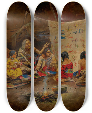 Triptych art skateboard deck of Charles Marion Russell The Kindergarten The Story Teller by Charles Marion Russell (1864-1926)