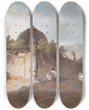 Triptych art skateboard deck of George Chinnery Figure Seated By An Indian Temple by George Chinnery (1774-1852)