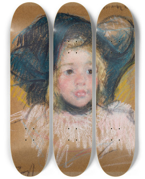Triptych art skateboard deck of Mary Cassatt Head Of Simone In A Green Bonnet With Wavy Brim No 2 by Mary Cassatt (1844-1926)