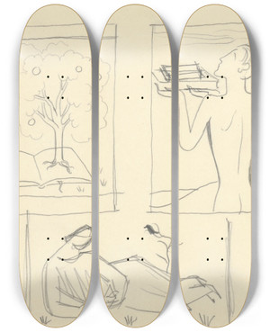 Triptych art skateboard deck of Mikul Galanda Tri Nvrhy Na Ex Libris by Mikulas Galanda (1895-1938)