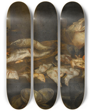 Triptych art skateboard deck of Abraham Van Beijeren A Still Life Withsalmon Plaice A Crab And Other Fish Arranged On A Table Aview Of Thesea Beyond by Abraham Van Beyeren (1620-1690)