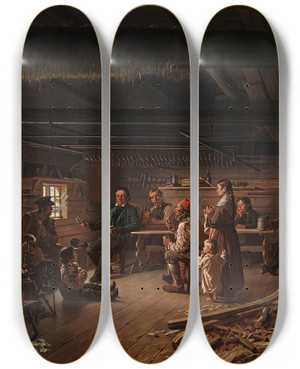 Triptych art skateboard deck of Robert Wilhelm Ekman Pentti Lyytinen Recites Poems In A Cottage In Savo by Robert Wilhelm Ekman (1808-1873)