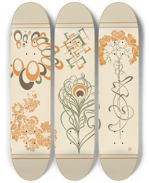 Triptych art skateboard deck of Alphonse Mucha Abstract Design Based On Flowers And Curvilinear Shapes by Alphonse Mucha (1860-1939)