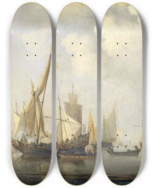 Triptych art skateboard deck of Willem Van De Velde The Younger A Calm At Sea by Willem van de Velde the Younger (1633-1707)
