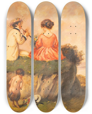 Triptych art skateboard deck of Carl Plckebaum Liebespaar Und Frecher Faunus by Carl Pluckebaum (1880-1952)