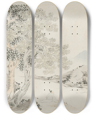 Triptych art skateboard deck of Hua Yan Three Big Trees A Stream With An Old Man Sitting On The Bank by Hua Yan (1682-1765)
