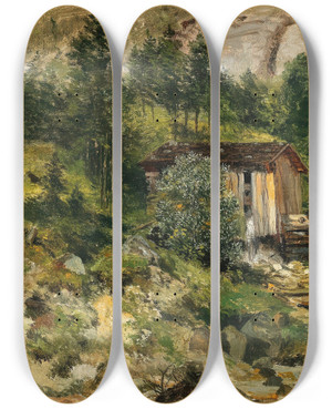 Triptych art skateboard deck of Emilie Medizpelikan Htte Am Pa Luegg by Emilie Mediz Pelikan (1861-1908)