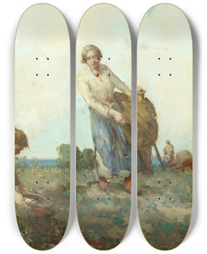 Triptych art skateboard deck of William Leehankey Gathering Turnips by William Lee-Hankey (1869-1952)