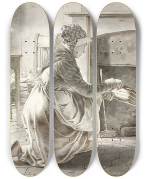 Triptych art skateboard deck of Christoffer Wilhelm Eckersberg Food Is Prepared Eckersbergs Hostess In Paris by Christoffer Wilhelm Eckersberg (1783-1853)