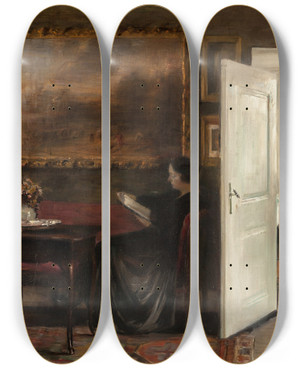Triptych art skateboard deck of Carl Holse Reading On A Quiet Afternoon by Carl Holsoe (1863-1935)