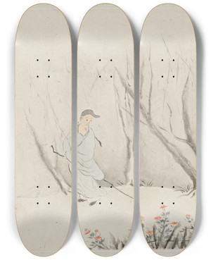 Triptych art skateboard deck of Hua Yan An Old Man With A Staff Walks A Wooded Path by Hua Yan (1682-1765)