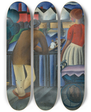 Triptych art skateboard deck of Gejza Schiller Mestsk Motv by Gejza Schiller (1895-1927)
