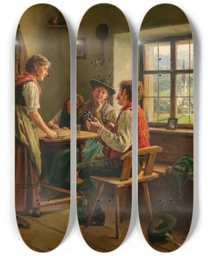 Triptych art skateboard deck of Emil Rau A Conversation At Home by Emil Rau (1858-1937)