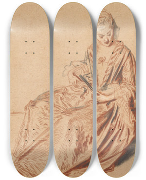 Triptych art skateboard deck of Jeanantoine Watteau Seated Woman With A Fan by Jean-Antoine Watteau (1684-1721)