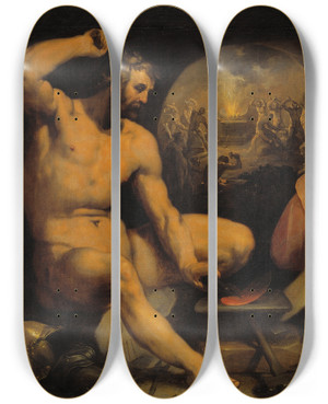 Triptych art skateboard deck of Cornelis Cornelisz Van Haarlem Venus And Vulcan by Cornelis Cornelisz Van Haarlem (1562-1638)