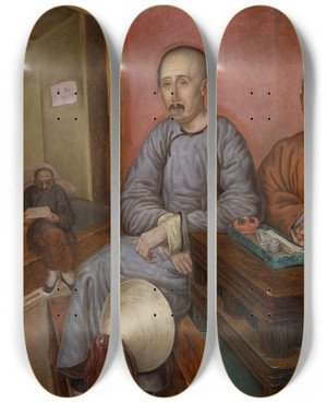 Triptych art skateboard deck of Carl Peter Mazer Chinese Merchants by Carl Peter Mazer (1807-1884)