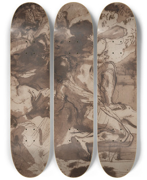 Triptych art skateboard deck of Guercino Samson Captured By The Philistines_2 by Guercino (1591-1666)