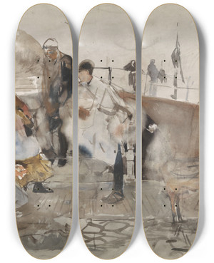 Triptych art skateboard deck of George Hendrik Breitner Gezelschap Op Een Boot_2 by George Hendrik Breitner (1857-1923)