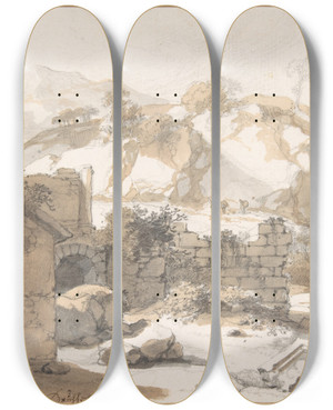 Triptych art skateboard deck of Gerbrand Van Den Eeckhout Landscape With Ruins by Gerbrand van den Eeckhout (1621-1674)