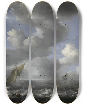 Triptych art skateboard deck of Ludolf Bakhuysen Seascape And Fishing Boats by Ludolf Backhuysen (1630-1708)