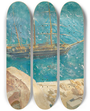 Triptych art skateboard deck of Alexandre Jacovleff View Of The Port In Calvi by Alexandre Jacovleff (1887-1938)