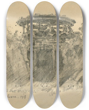 Triptych art skateboard deck of Elemr Halszhradil Artilery Position On Salvore Peninsula by Elemir Halasz Hradil (1873-1948)
