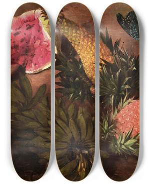 Triptych art skateboard deck of Brazilian School Still Life With Bananas Passion Fruit Pineapple Brazilian Pineapple Jenipapo Fruit And A Pointtailed Palmcreeper by Brazilian School