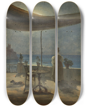 Triptych art skateboard deck of Thomas Fearnley A Terrace In Amalfi In Moonlight by Thomas Fearnley (1802-1842)