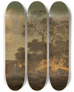 Triptych art skateboard deck of Jan Wijnants Dune Landscape With Hunters Resting by Jan Wijnants (1632-1684)