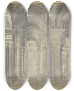Triptych art skateboard deck of Johann Ludwig Ernst Morgenstern Blick In Das Innere Einer Barockkirche Mit Staffagefiguren In Der Tracht Des 17 Jahrhunderts by Johann Ludwig Ernst Morgenstern (1738-1819)