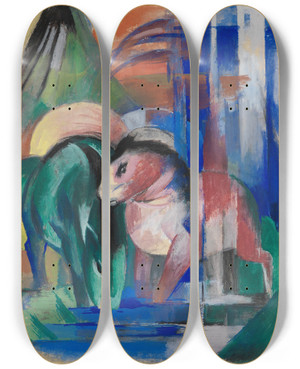 Triptych art skateboard deck of Franz Marc Drei Pferde Am Waldwasser by Franz Marc (1880-1916)