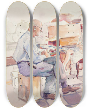 Triptych art skateboard deck of Ivan Ivanec Studium Sceny We Wntrzu Mczyzna Siedzcy Przy Stole I Kobieta Siedzca Na Krzele by Ivan Ivanec (1893-1946)