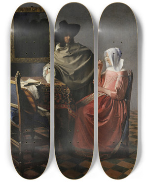 Triptych art skateboard deck of Johannes Vermeer The Wine Glass by Johannes Vermeer (1632-1675)