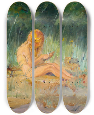 Triptych art skateboard deck of Venny Soldanbrofeldt Antti At The Beach by Venny Soldan-Brofeldt (1863-1945)