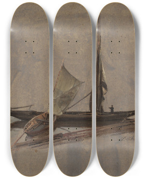 Triptych art skateboard deck of Johan Christian Dahl Two Sailingboats At The Elbe by Johan Christian Dahl (1788-1857)