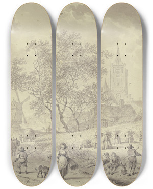 Triptych art skateboard deck of Hendrik Meyer The Harvest by Hendrik Meyer (1744-1793)
