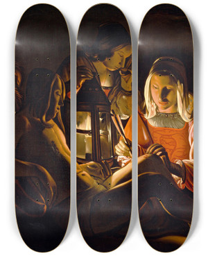 Triptych art skateboard deck of Workshop Of Georges De La Tour Saint Sebastian Nursed By Saint Irene by workshop of Georges de La Tour (1593-1652)