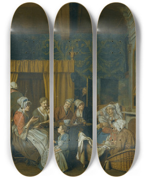 Triptych art skateboard deck of Jan Josef Horemans The Younger A Family Taking Tea While Celebrating The Birth Of Twins by Jan Josef Horemans The Younger (1714-1792)