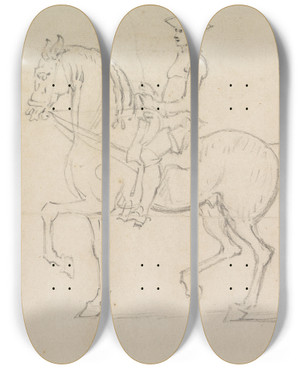 Triptych art skateboard deck of James Seymour Rider With A Drawrein Walking To Left by James Seymour (1697-1752)